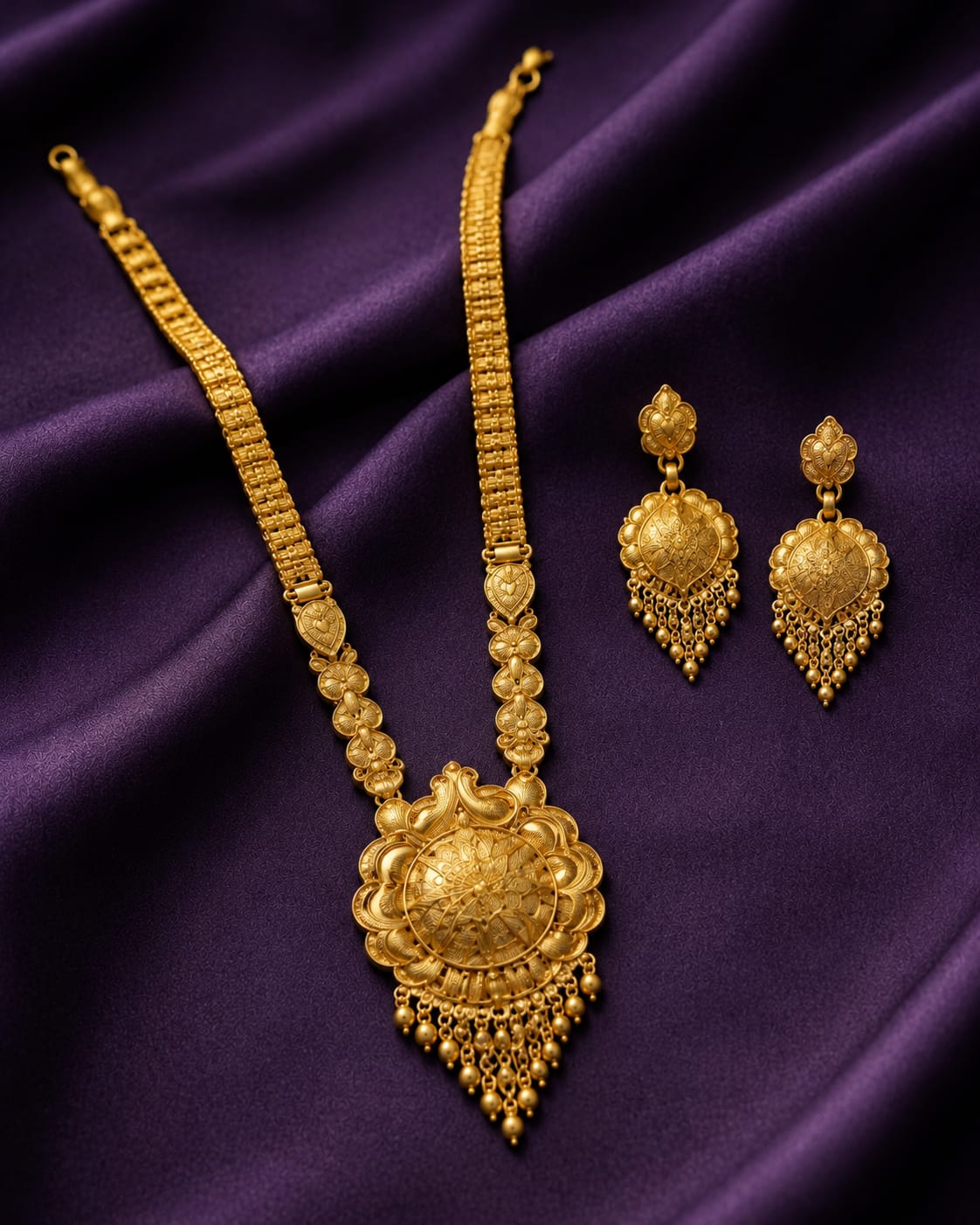 Classic Bridal Gold Long Necklace Set with Pendant, Earrings & Maang Tikka