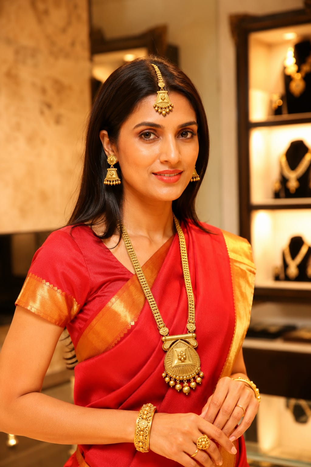 Royal Temple Gold Necklace Set with Jhumka Earrings & Maang Tikka