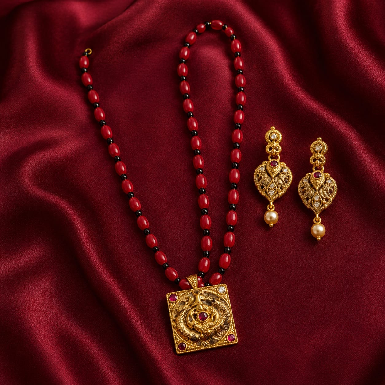 Royal Red Beaded Temple Pendant Necklace