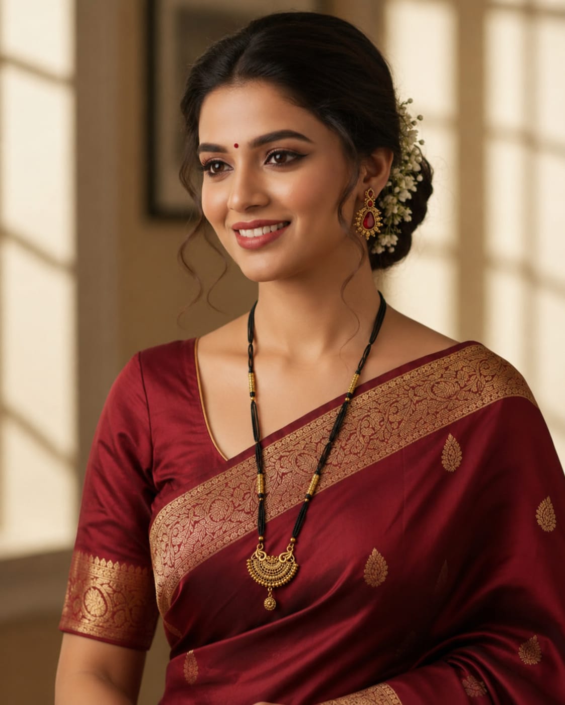 Traditional Crescent Pendant Long Mangalsutra with Gold-Toned Beads
