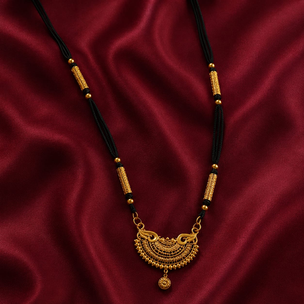 Traditional Crescent Pendant Long Mangalsutra with Gold-Toned Beads